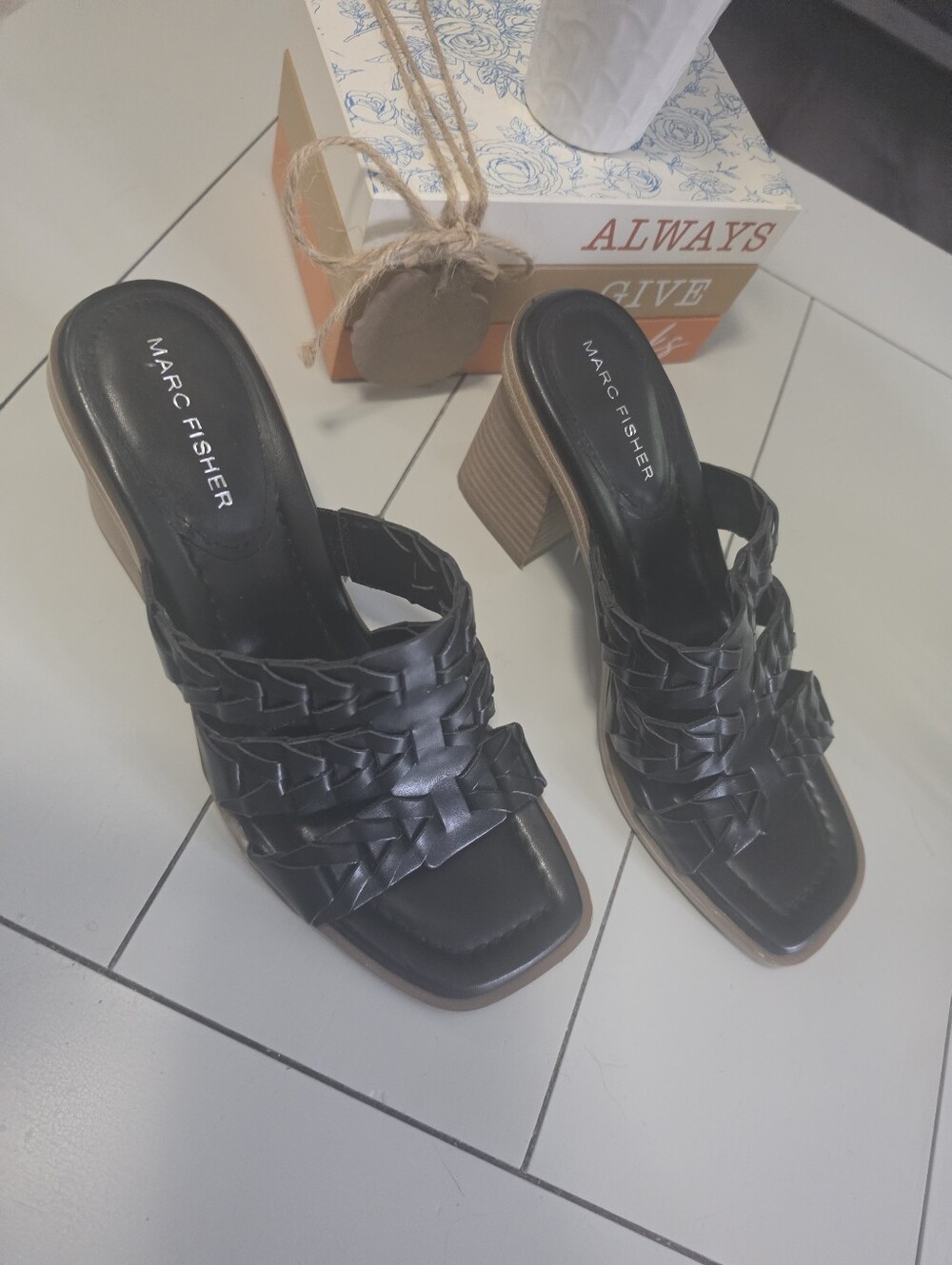 Marc Fisher Black Braided Leather Block Heel Mules
